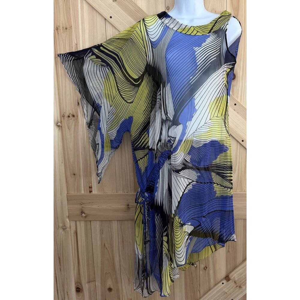 Beatriz Camacho 100% Silk Sheer Blue Yellow One Sleeve Asymmetrical Dress Sz 6